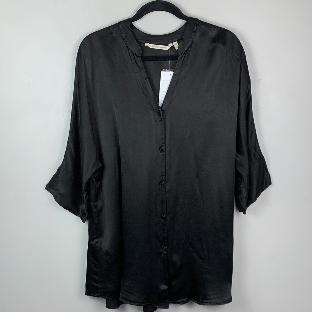 Soft Surroundings Mandarin Collar Black Satin Button-Up Tunic Blouse NEW!